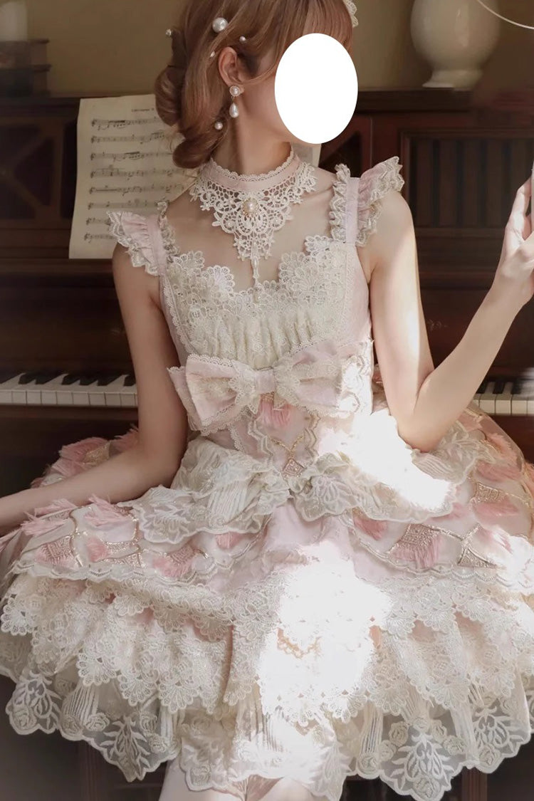 Pink Peacock Feather Multi-Layered Ruffle Hanayome Cardigan Bowknot Lace Sweet Lolita Jsk Dress Set