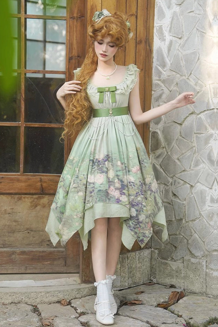 Green Blooming Roses Print Oil Painting Chiffon Ruffle Bowknot Irregular Sweet Lolita Jsk Dress