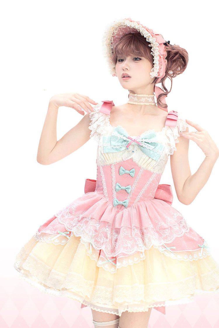Pink Parfait Romance Sleeveless Ruffle Bowknot Lace Sweet Elegant Ballet Lolita Jsk Dress