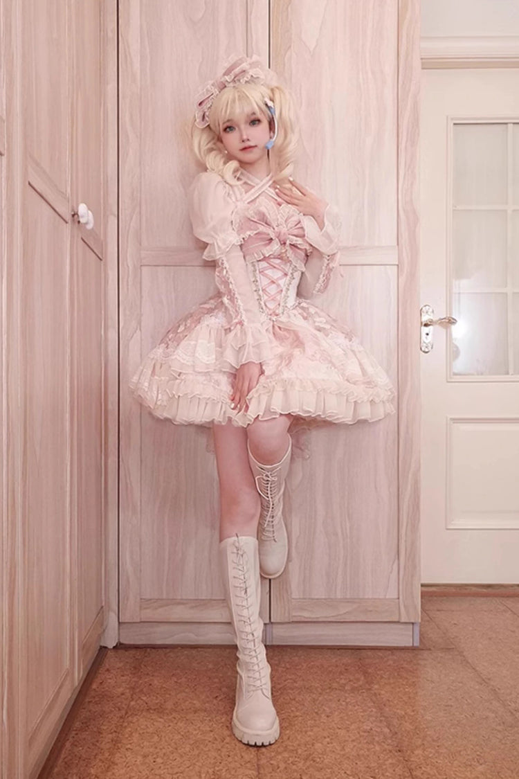 Pink Lilibet Print Ruffle Cardigan Bowknot Lace Fishbone Sweet Lolita Dress