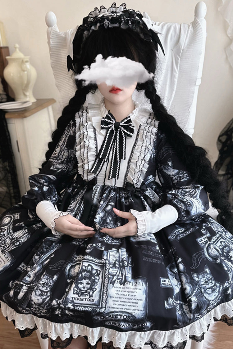 Black Antique Cat Print Long Sleeves Ruffle Bowknot Gothic Princess Lolita Dress