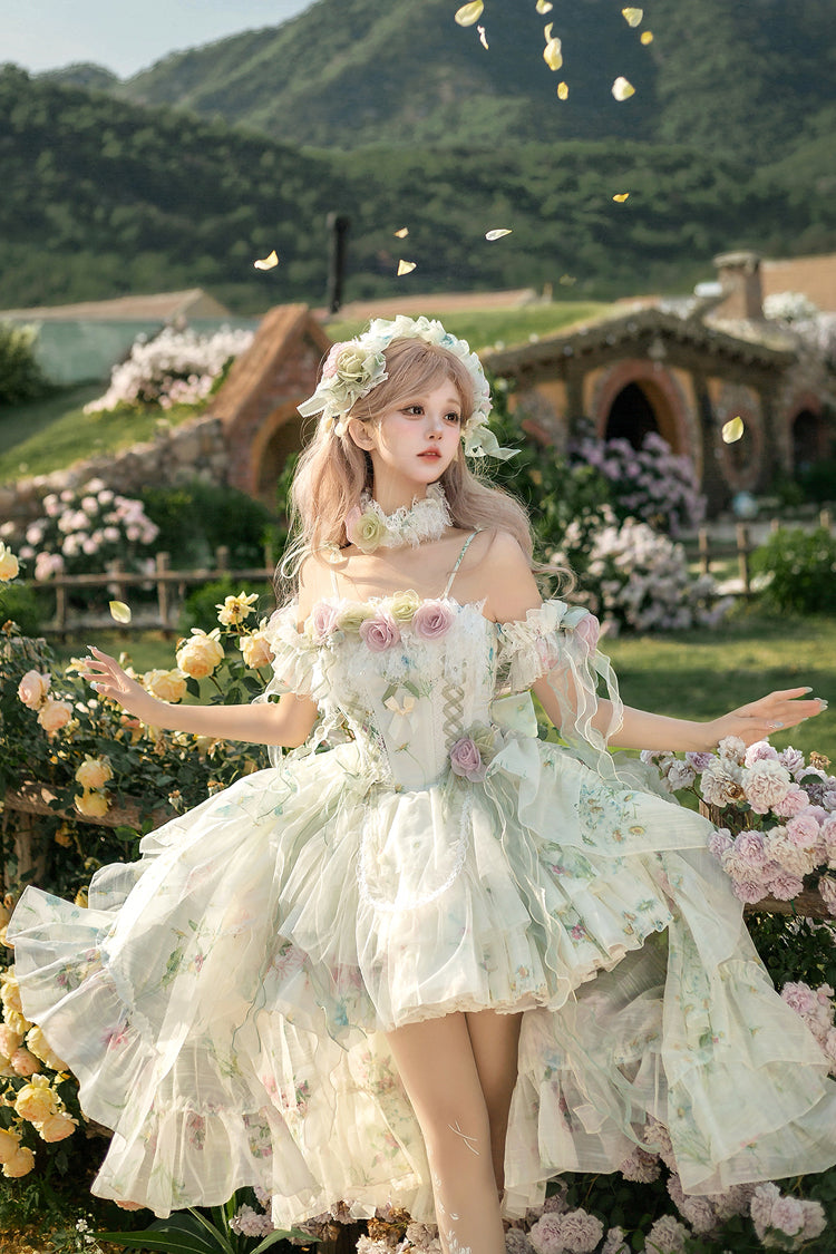 Green Spring Rose Sleeveless Multi-Layered Bowknot Lace-Up Fishbone Sweet Lolita Jsk Dress