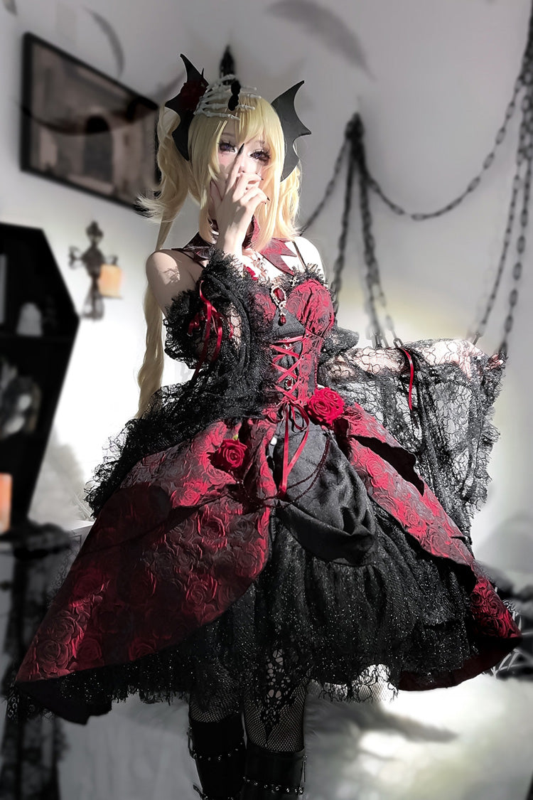 Red Rose Dish Ruffle Embroidery Cardigan Bowknot Lace-Up Gothic Lolita Jsk Dress