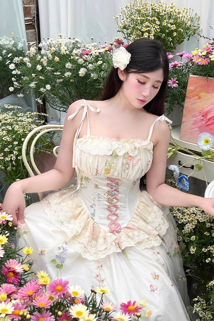 Off White Spring Bouquets Romantic Ruffle Embroidery Bowknot Mesh Sweet Lolita Jsk Dress
