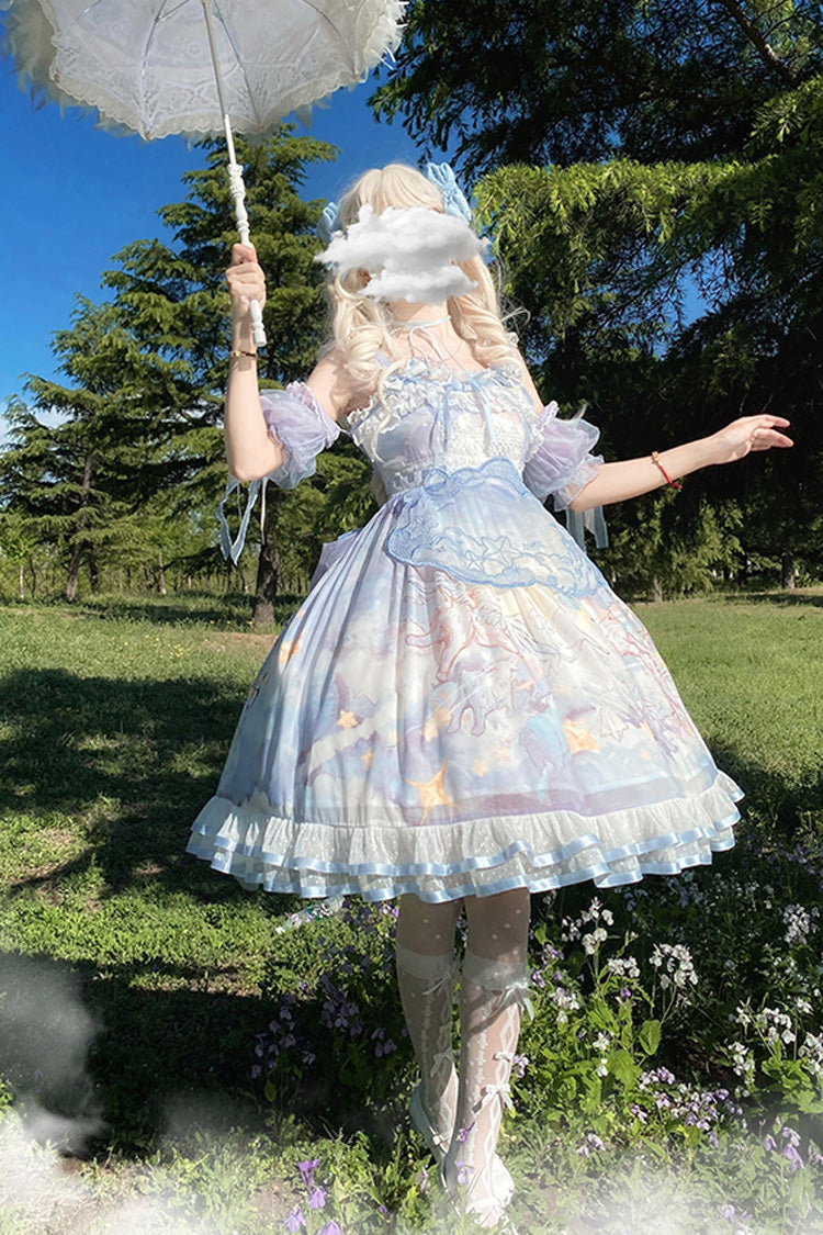 Blue Walking In The Clouds Print Ruffle Bowknot Lace Sweet Lolita Jsk Dress Full Set
