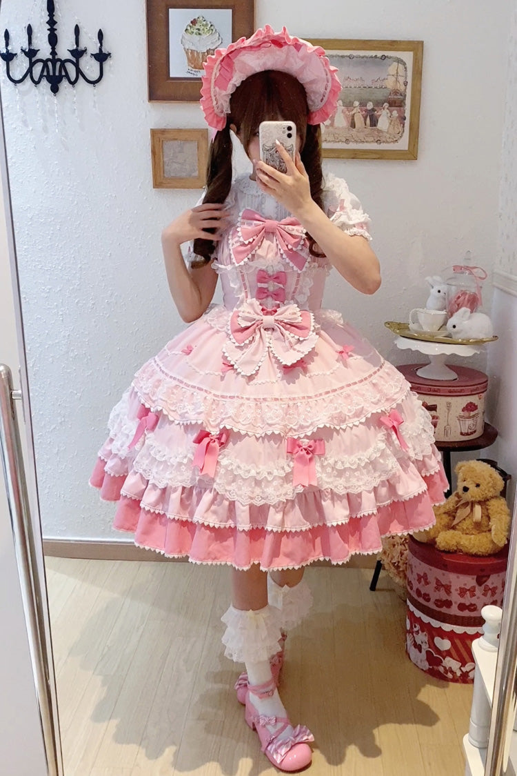 Pink Fondant Cake Sleeveless Multi-Layered Ruffle Bowknot Lace Sweet Lolita Jsk Dress
