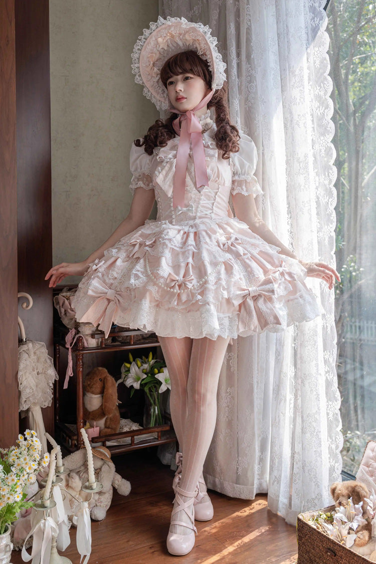 Pink Small Cakes Sleeveless Multi-Layered Ruffle Bowknot Lace Sweet Lolita Jsk Dress