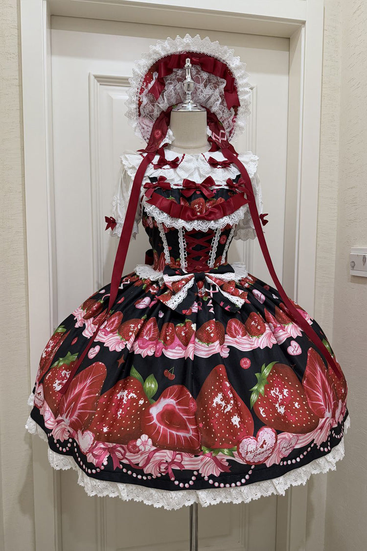 Sweet Berry Tale Strawberry Print Ruffle Bowknot Lace Sweet Lolita Jsk Dress 4 Colors