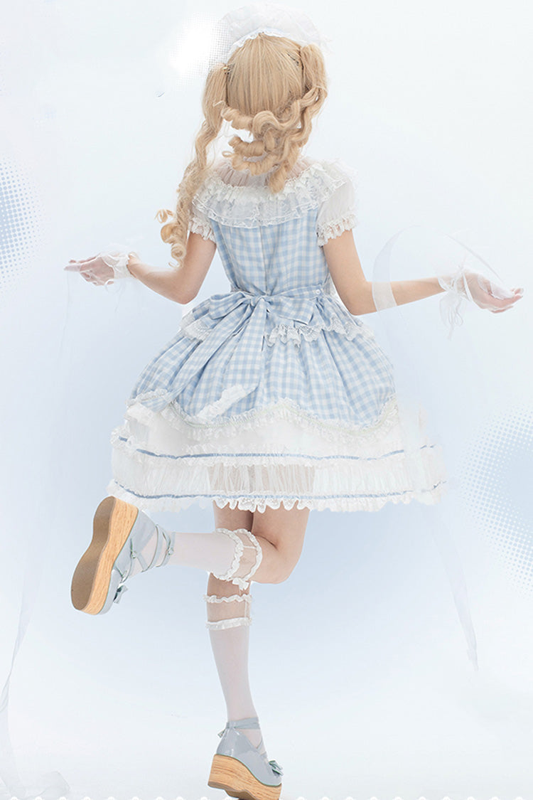 Blue Tea Break Sweetheart Short Sleeves Multi-Layered Plaid Print Ruffle Sweet Lolita Dress
