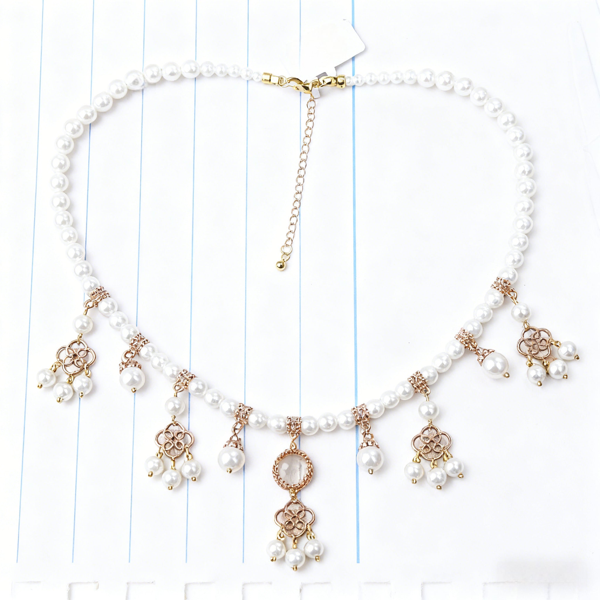 Lolita Necklace Cream White Pearl Choker with Filigree Flower Elegant Five-Tassel Fringe