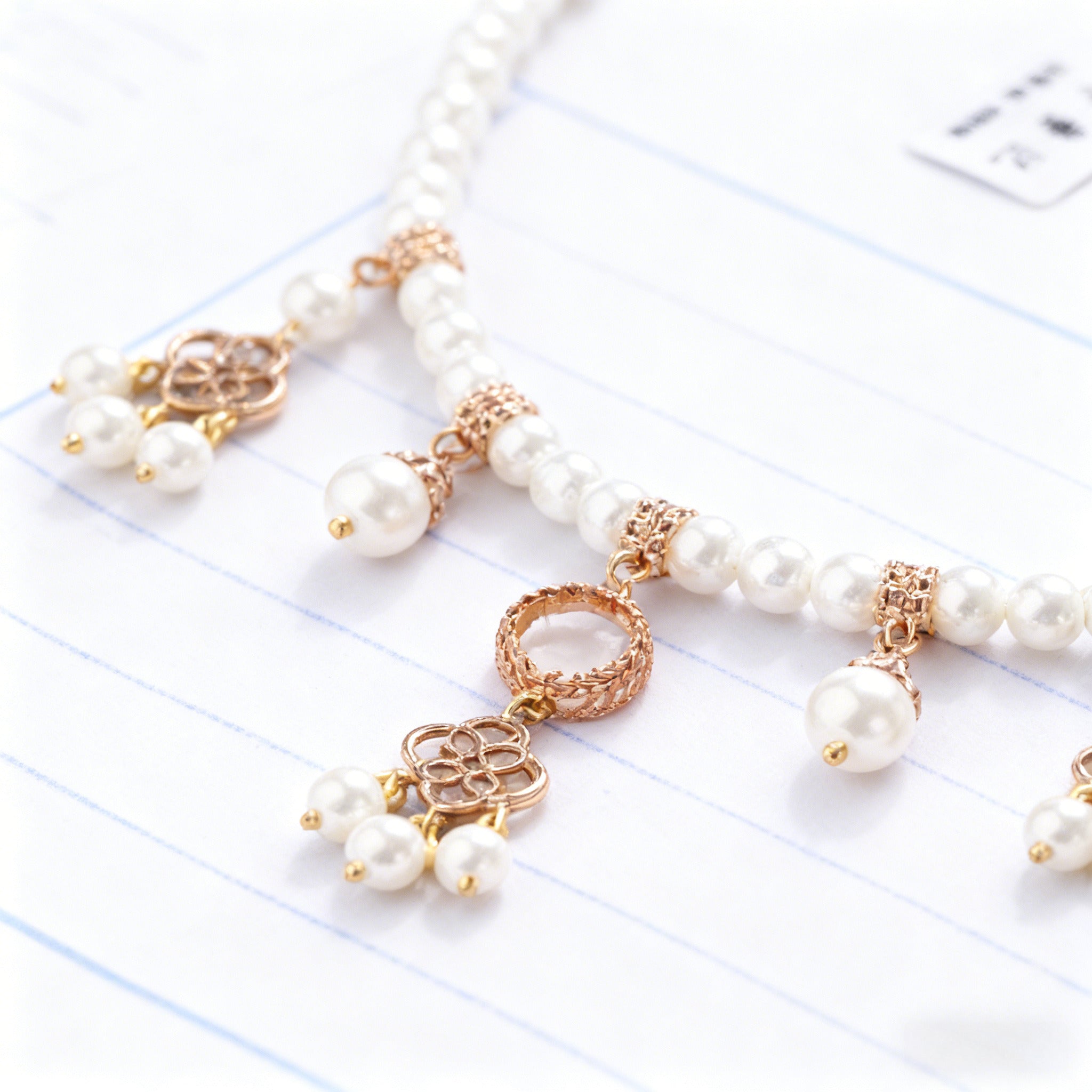 Lolita Necklace Cream White Pearl Choker with Filigree Flower Elegant Five-Tassel Fringe