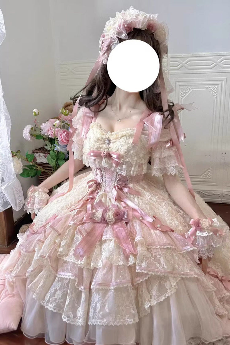 Pink Diane Rose Short Sleeves Multi-Layered Jacquard Ruffle Hanayome Cardigan Bowknot Lace Sweet Lolita Dress
