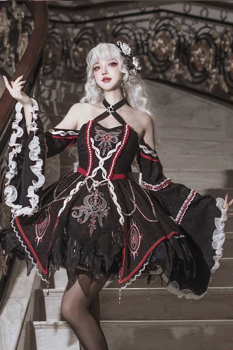 Black Phantom Devourer Off Shoulder Long Hime Sleeves Print Embroidery Gothic Lolita Dress