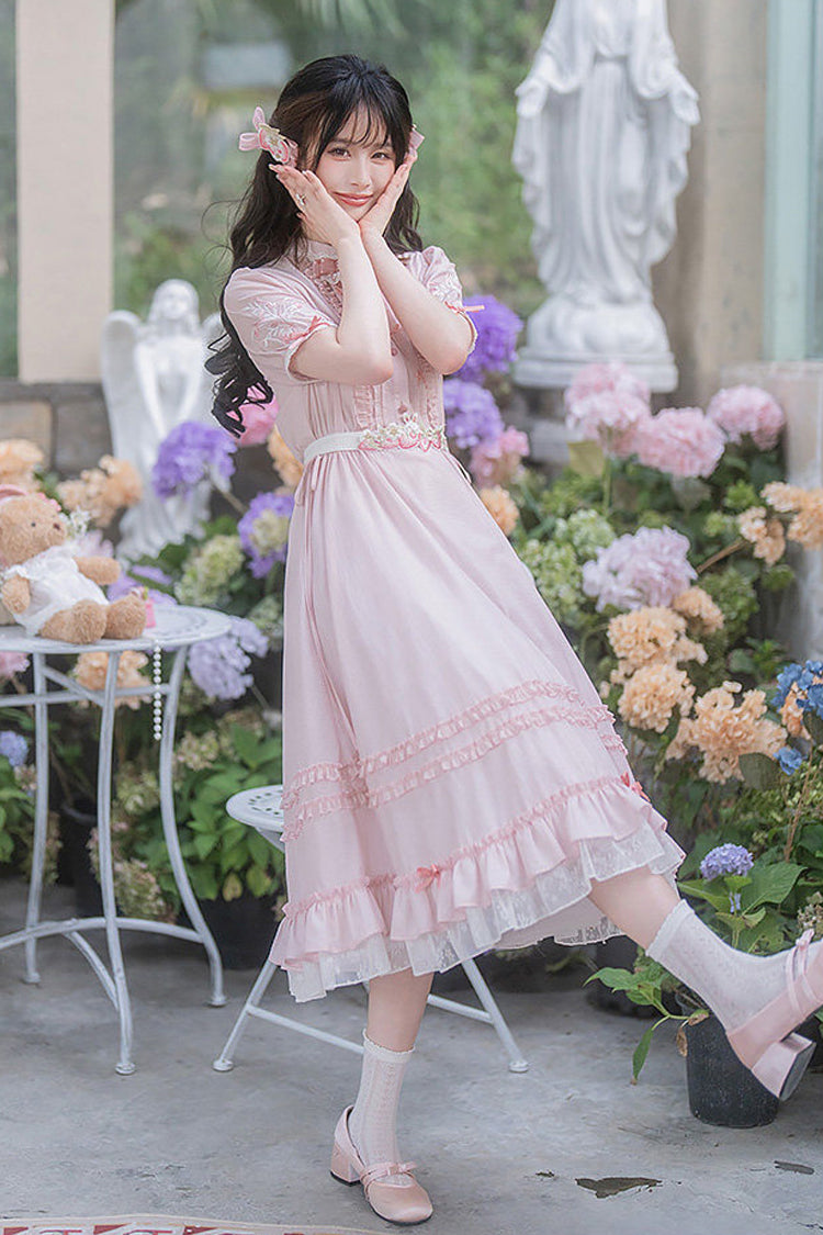 Pink Round Collar Short Sleeves High Waisted Ruffled Strawberry Midsummer Women's Sweet Lolita Dress