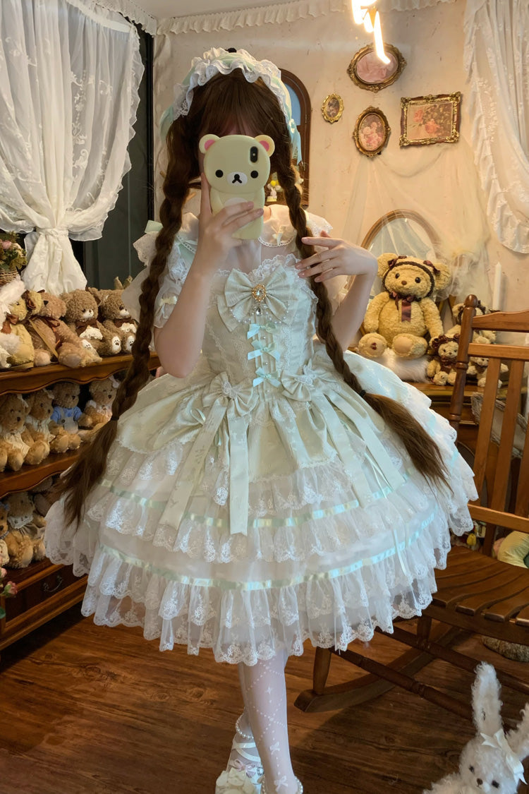 Green Snow Kissed Romance Sleeveless High Waisted Multi-Layered Bowknot Lace Pearl Sweet Ballet Lolita Jsk Dress