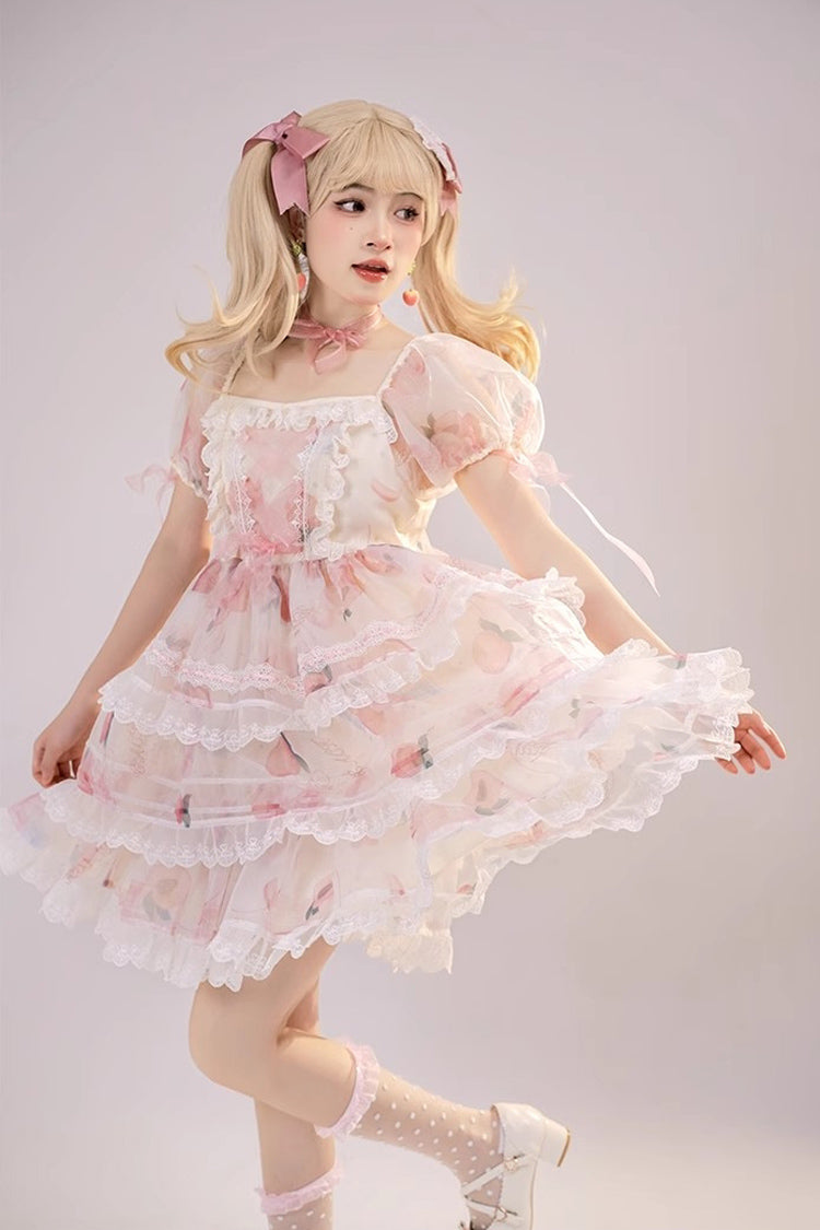 Pink Chiffon Organza Short Sleeves Multi-layer Peach Print Sweet Lolita Jsk Dress