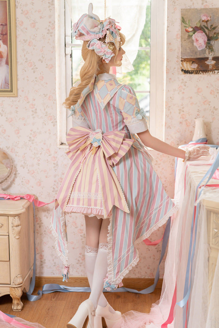 Blue/Pink Short Sleeves Weird Theater Print Ruffle Bowknot Sweet Lolita Dress