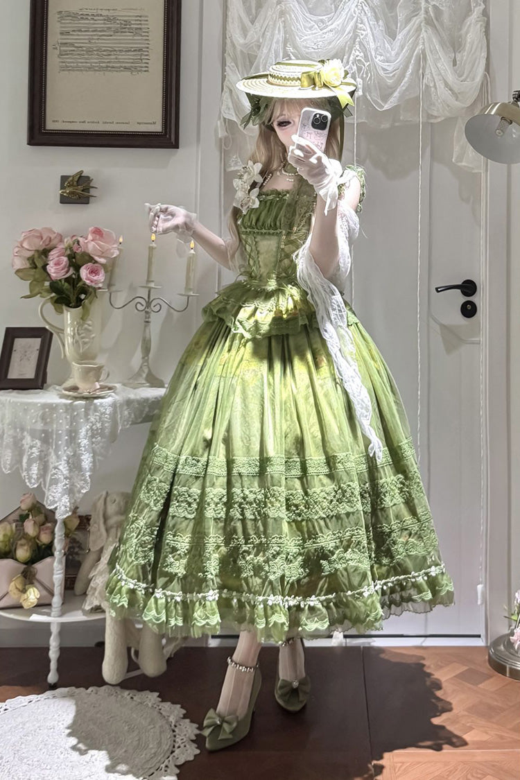 Green Mist-shrouded Vineyard Sleeveless Ruffle Bowknot Lace-Up Sweet Lolita Jsk Skirt Dress Set