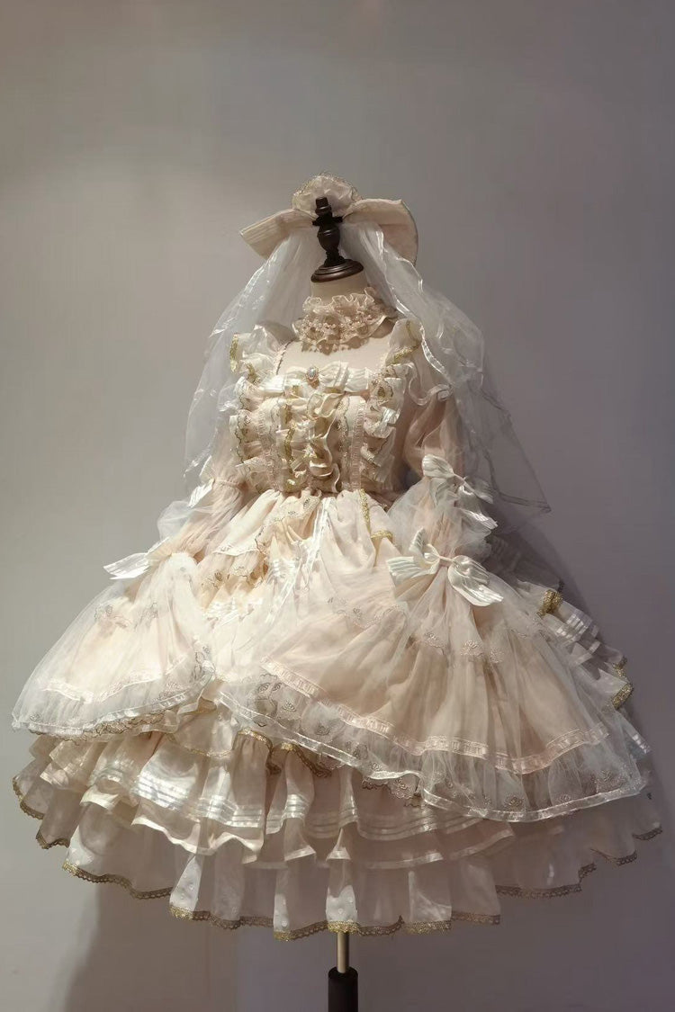 Apricot Coronation Long Trumpet Sleeves Multi-Layered Ruffle Bowknot Lace Sweet Gorgeous Lolita Dress Set
