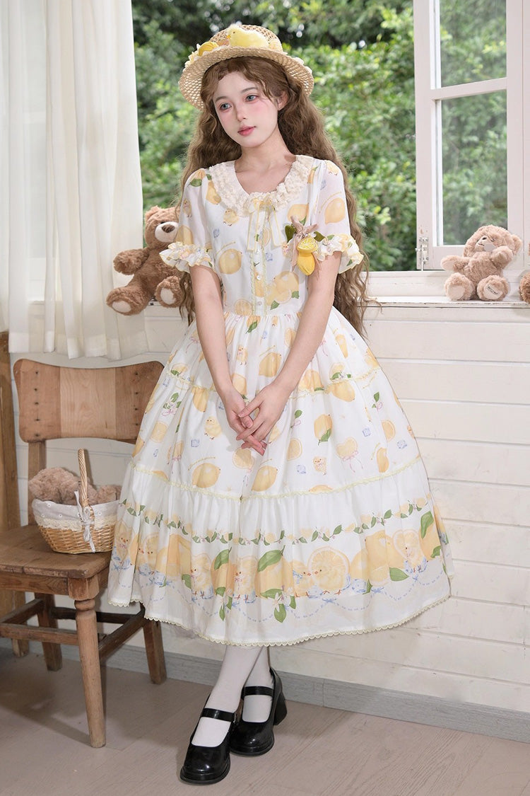 White Lemon Chicken Short Sleeves Print Ruffle Bowknot Lace Daily Sweet Lolita Dress