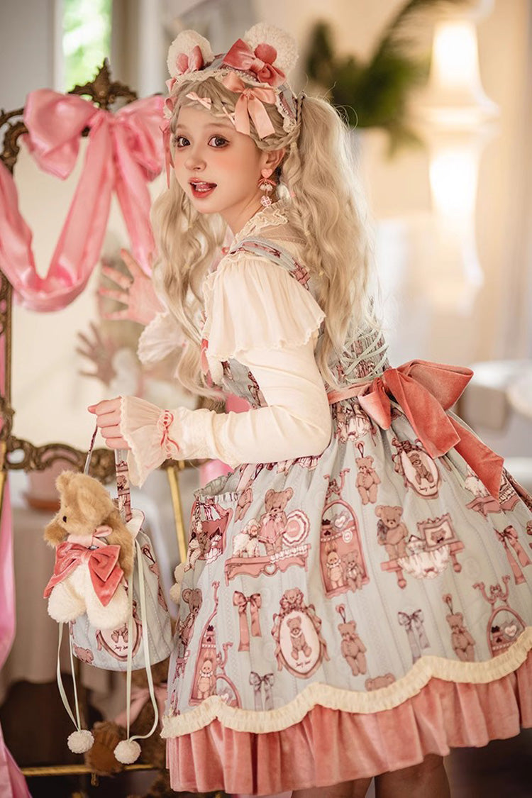 Pink/Green Bear Doll Wall Print Ruffle Embroidery Bowknot Sweet Lolita Jsk Dress