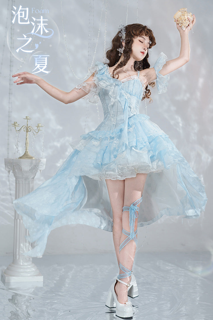 Blue Summer of Bubbles Sleeveless Ruffle Embroidery Lace Irregular Train Sweet Lolita Jsk Dress