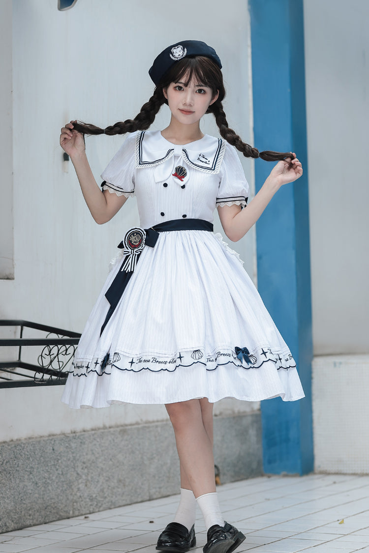White Navy Stripe Print Short Sleeves Ruffle Embroidery Sweet Lolita Dress