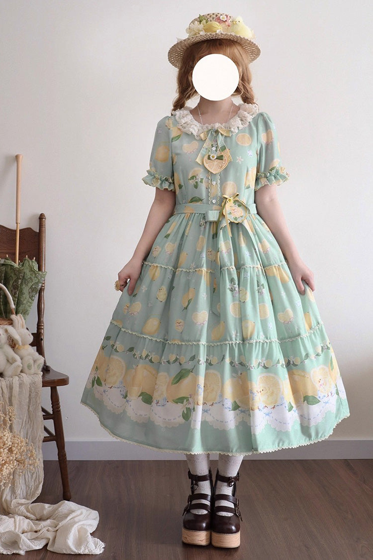 Green Lemon Chicken Short Sleeves Print Ruffle Bowknot Lace Daily Sweet Lolita Dress