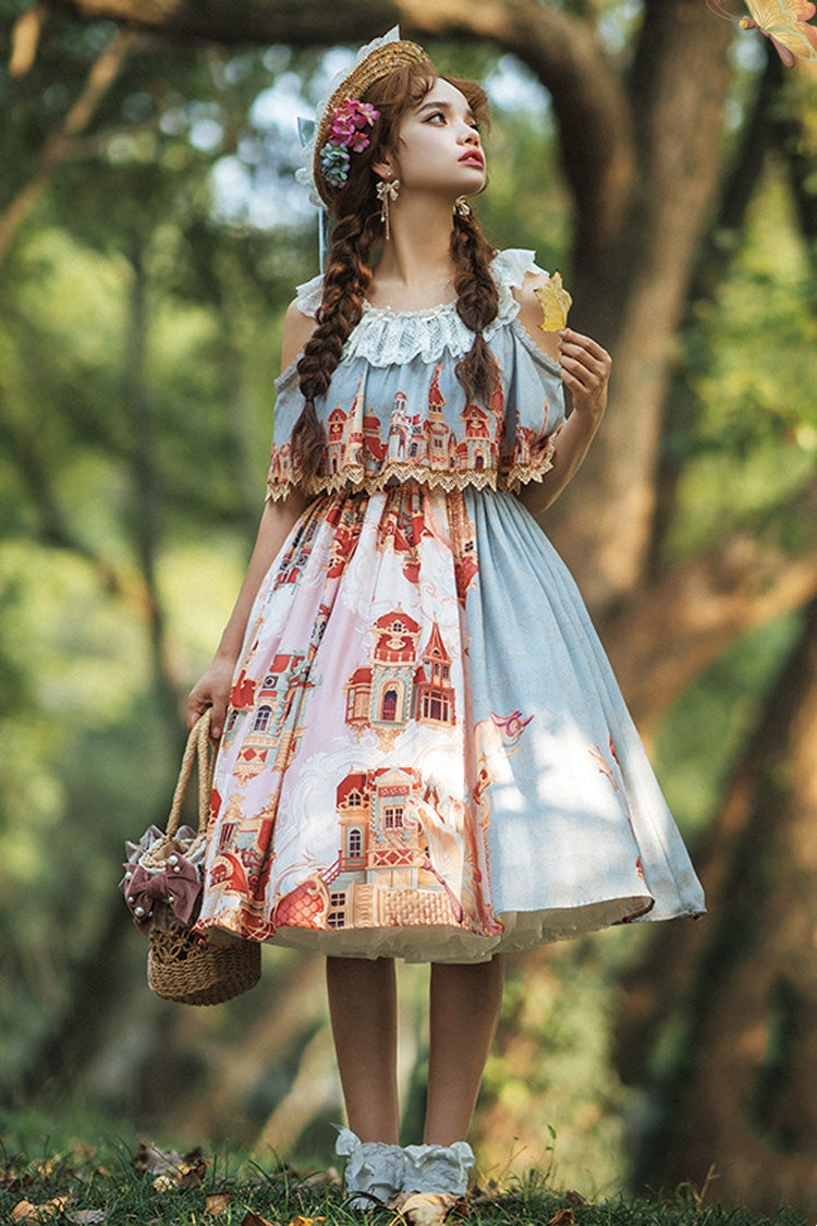 Multi-Color European Architectural Oil Painting Print Off Shoulder Short Sleeves Bowknot Sweet Lolita Dress