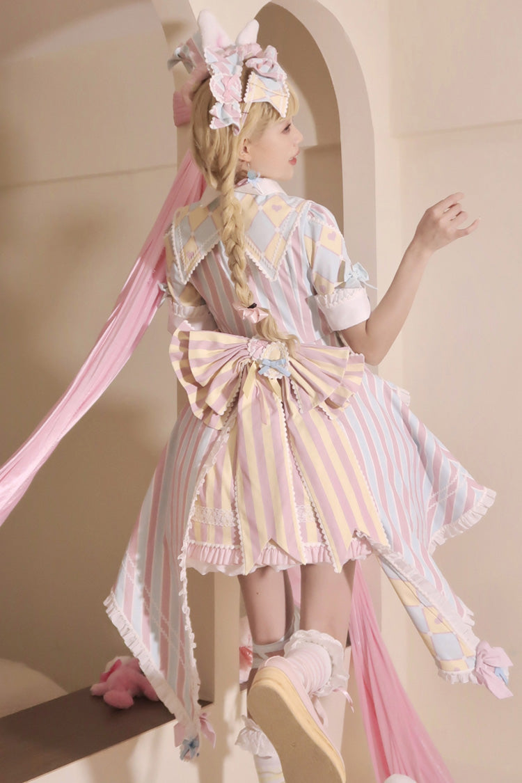 Blue/Pink Short Sleeves Weird Theater Print Ruffle Bowknot Sweet Lolita Dress