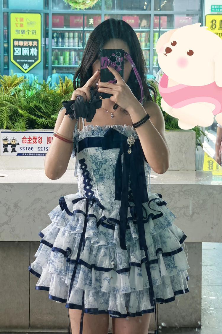 Blue/White Sleeveless Multi-Layered Print Bowknot Fishbone Sweet Classic Chinese Style Lolita Jsk Short Dress