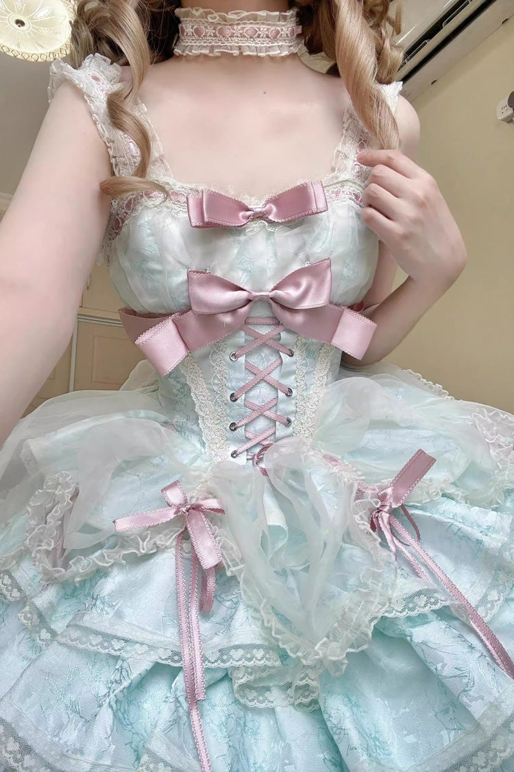 Green Sleeveless Multi-layer Ruffle Bowknot Lace-Up Sweet Princess Lolita Jsk Dress
