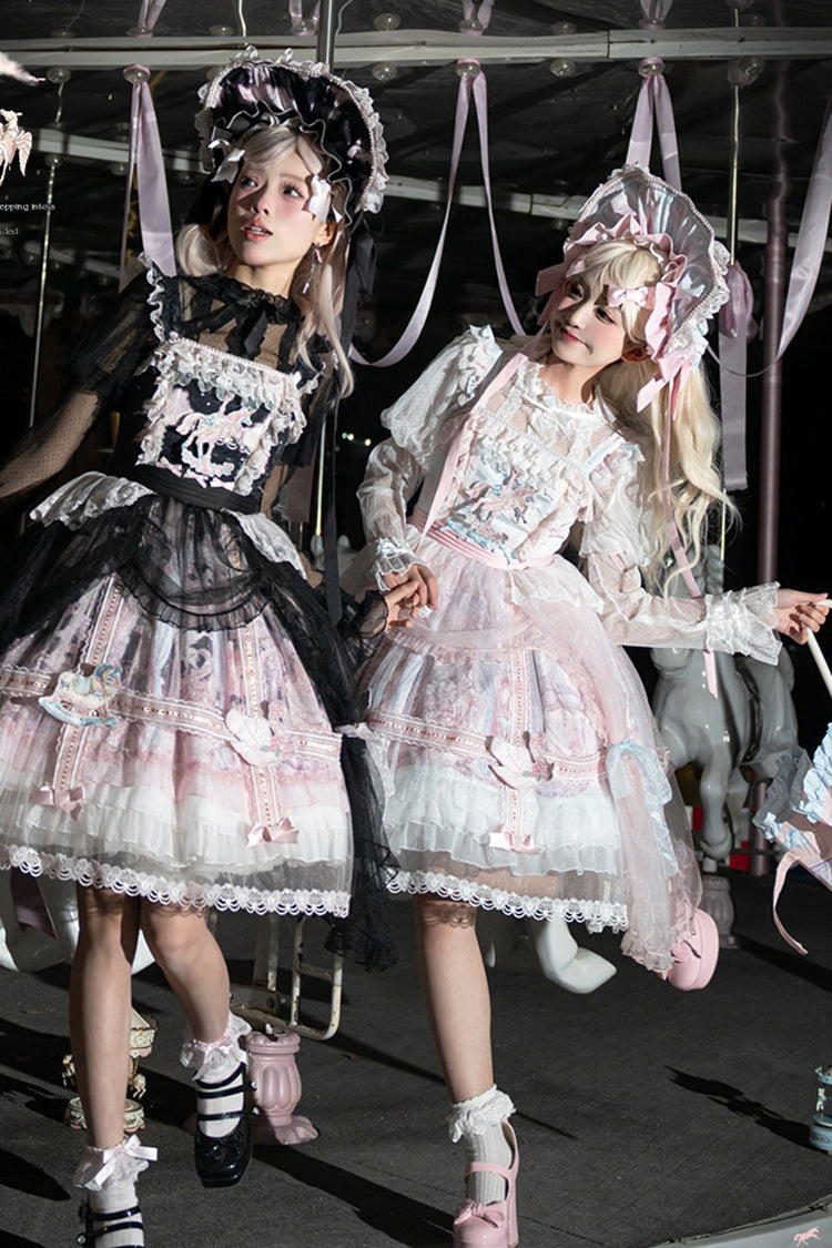 Black/Pink Pegasus Park Multi-Layered Print Ruffle Bowknot Lace Sweet Gorgeous Lolita Jsk Dress