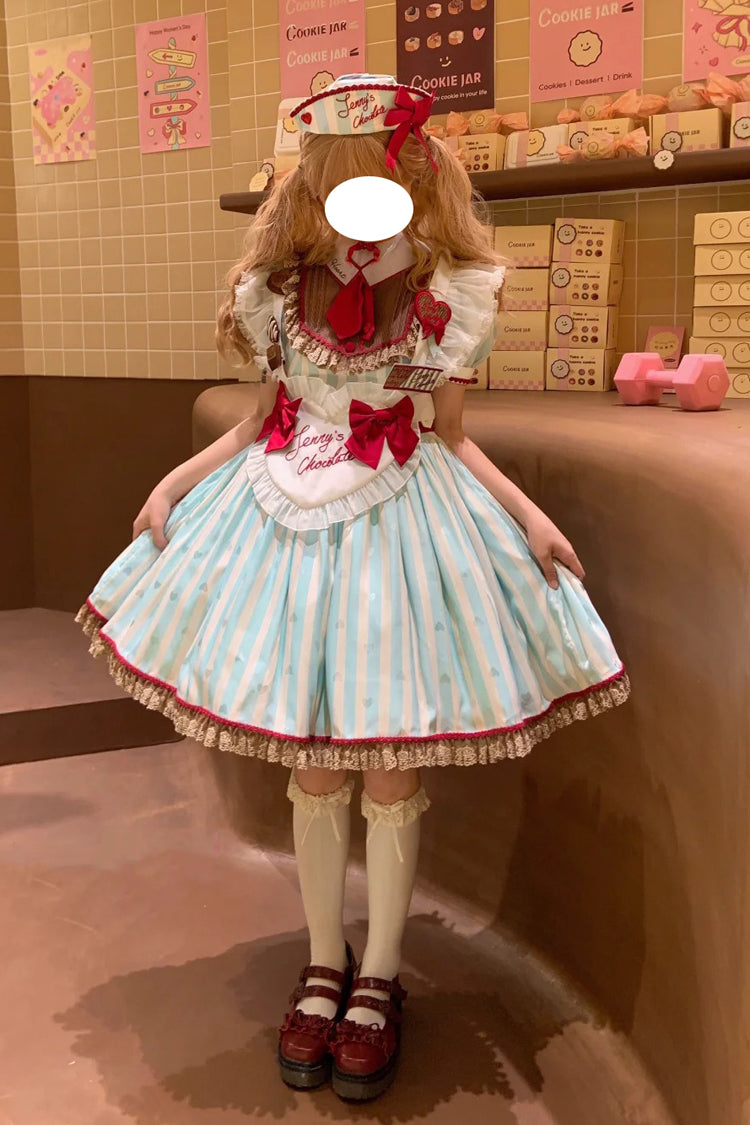 Green Jenny's Chocolate Short Sleeves Vertical Stripes Print Ruffle Bowknot Sweet Lolita Dress