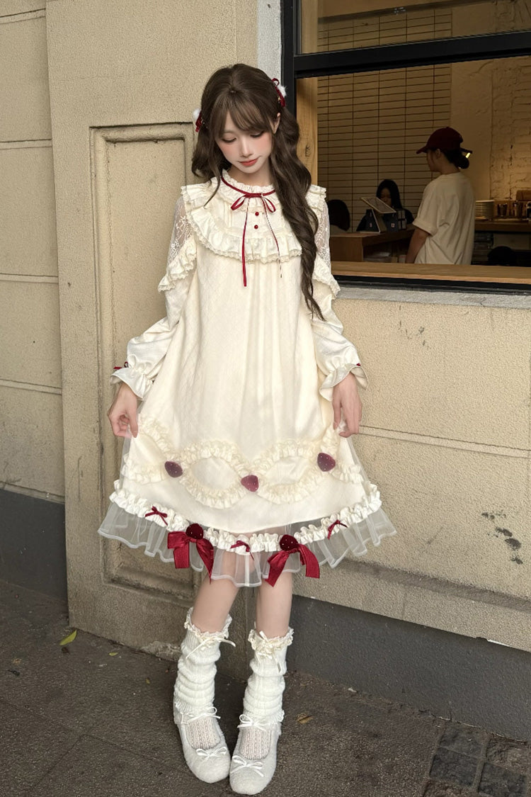 Ivory Strawberry Cream Cake Stand Collar Long Sleeves Ruffled Bow Lace Sweet Lolita Dress