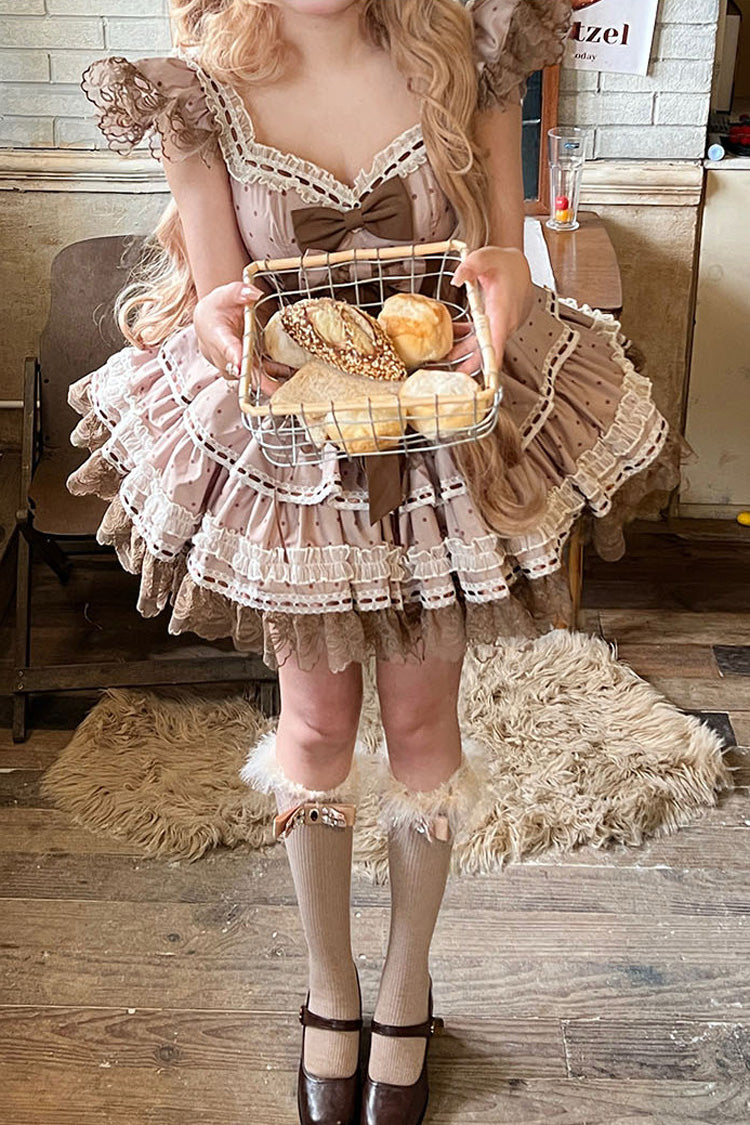 Brown Coco Ballet Sleeveless Double-Layered Bow Lace Lace-Up Sweet Princess Ballet Lolita Jsk Dress