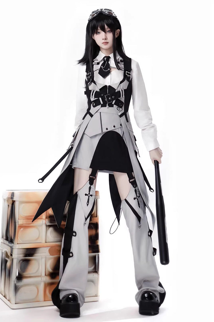 Black/White Long Sleeves Color Matching Handsome Sci-fi Lolita Skirt Set