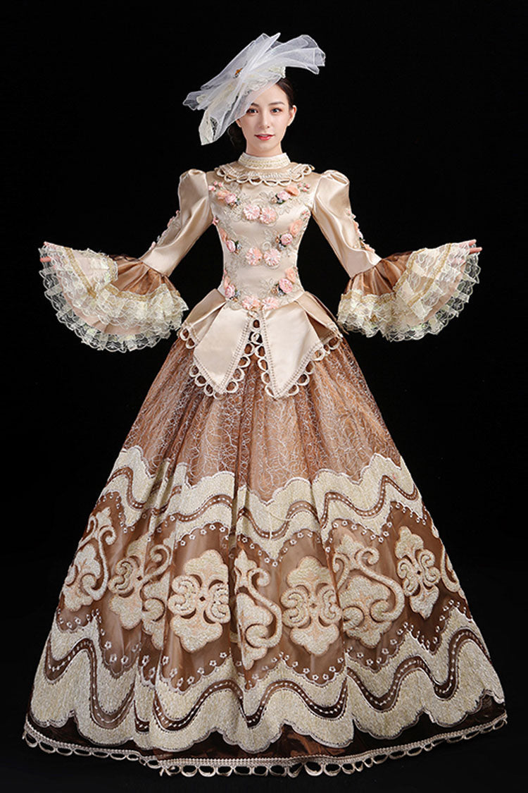 Champagne Multi-Layer Hime Sleeves High Waisted Hollow Embroidery Three-Dimensional Flower Print Victorian Lolita Prom Dress