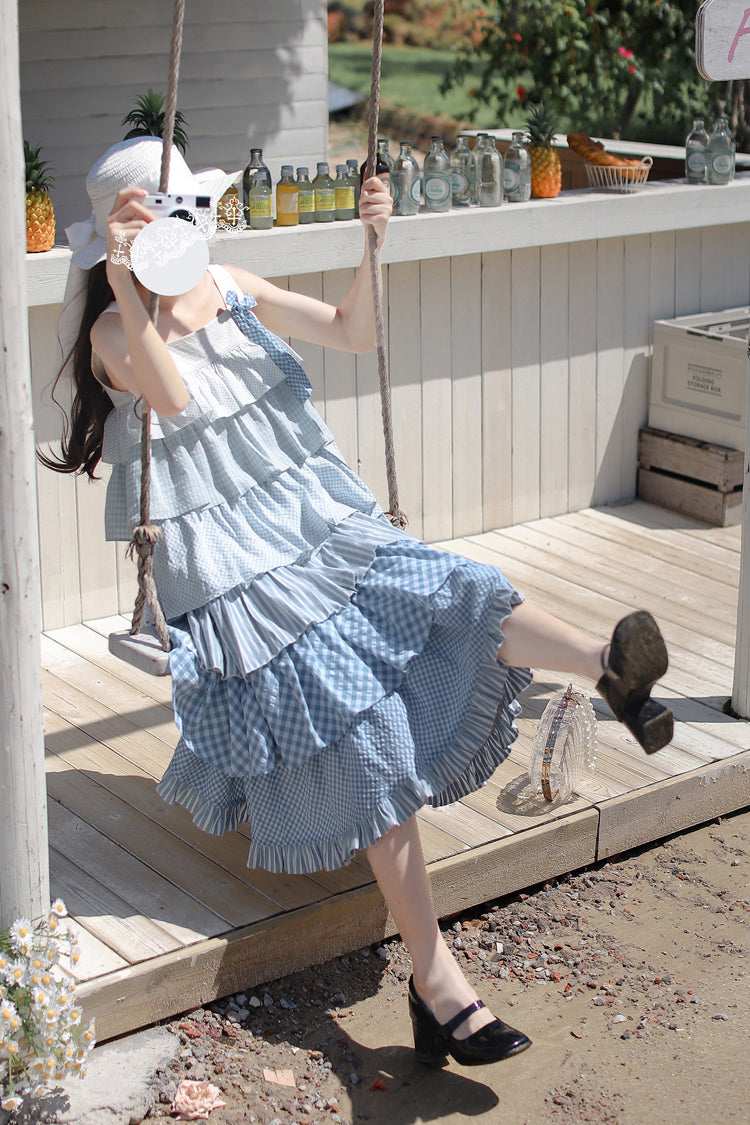 Blue Go To The Beach Multi-Layered Print Ruffle Holiday Sweet Lolita Jsk Dress
