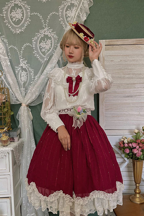 Wine Elegant Vintage Tulip Multi-Layer Ruffled Classic Lolita Skirt Dress