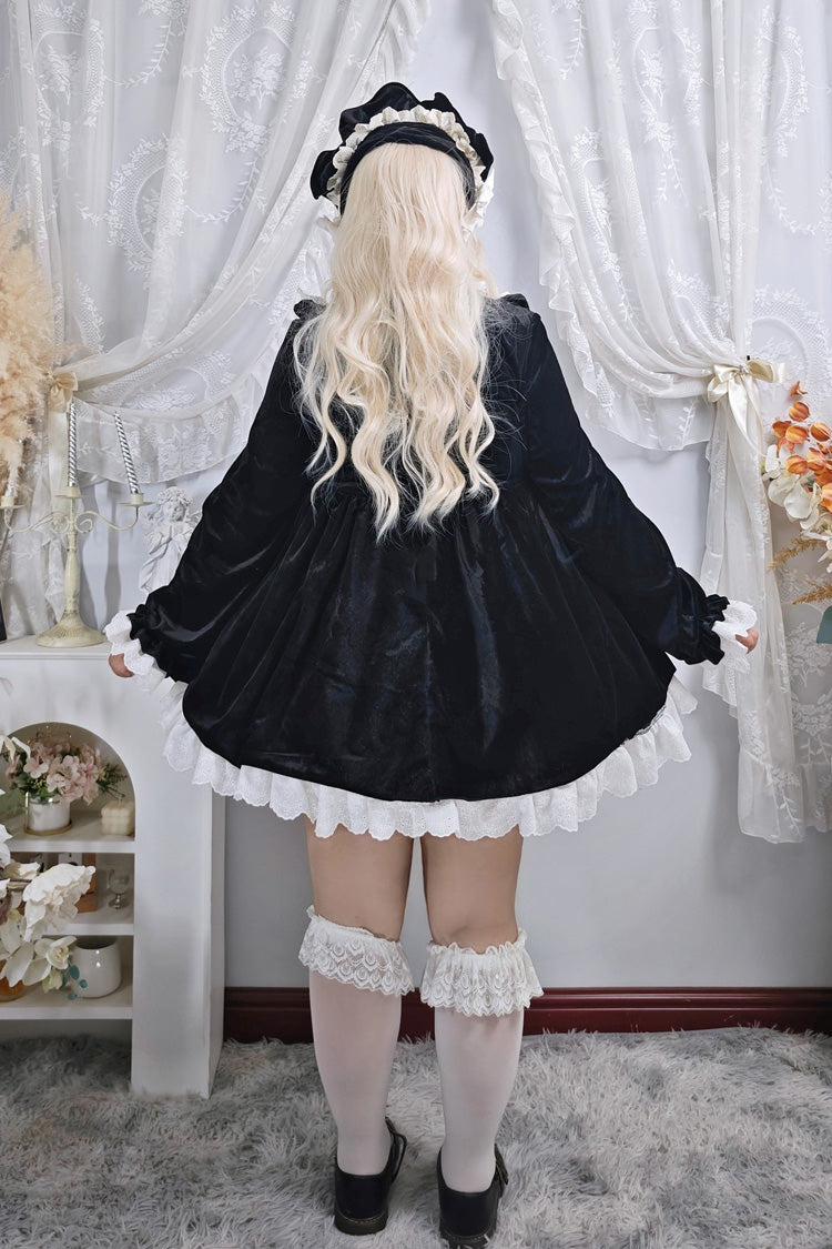 Black Antique Velvet Doll Stand Collar Long Sleeves Ruffled Bow Gothic Plus Size Lolita Dress
