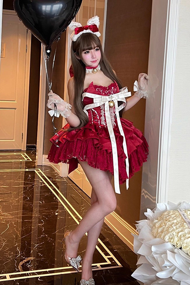Red Holiday Lovers Sleeveless Triple-Layered Ruffle Hollow Bowknot Lace-Up Princess Ballet Sweet Lolita Dress