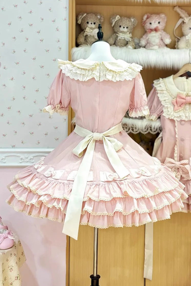 Pink Striped Layered Short Sleeves Multi-Layered Ruffle Bowknot Sweet Princess Lolita Tiered Dress