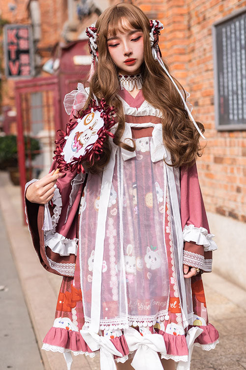 Dark Red Cat Print Chinese Style Bowknot Ruffled High Waisted Long Trumpet Sleeves Sweet Lolita OP Dress
