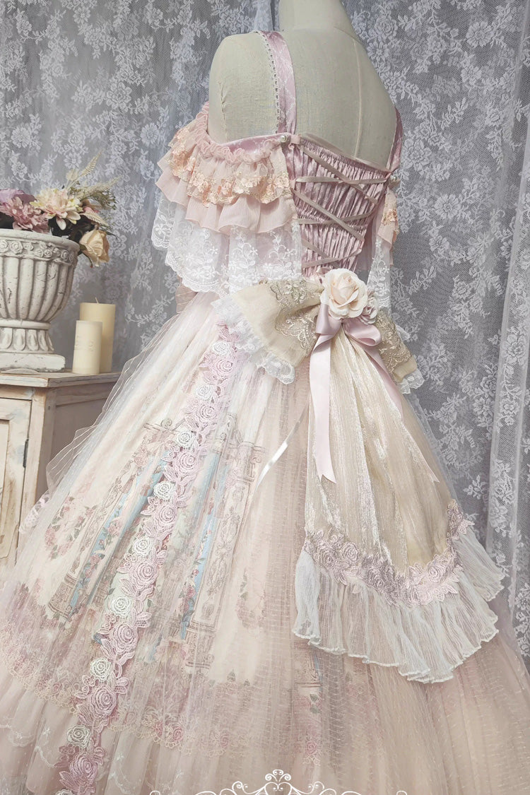 Pink Moonlight Melody Off Shoulder Sleeveless Multi-Layered Hanayome Open-Front Bow Lace Sweet Gorgeous Lolita Jsk Dress Set