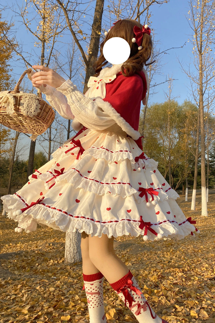 Red/Apricot Triple-Layered Print Ruffle Bowknot Lace Sweet Princess Lolita Dress Cloak Set