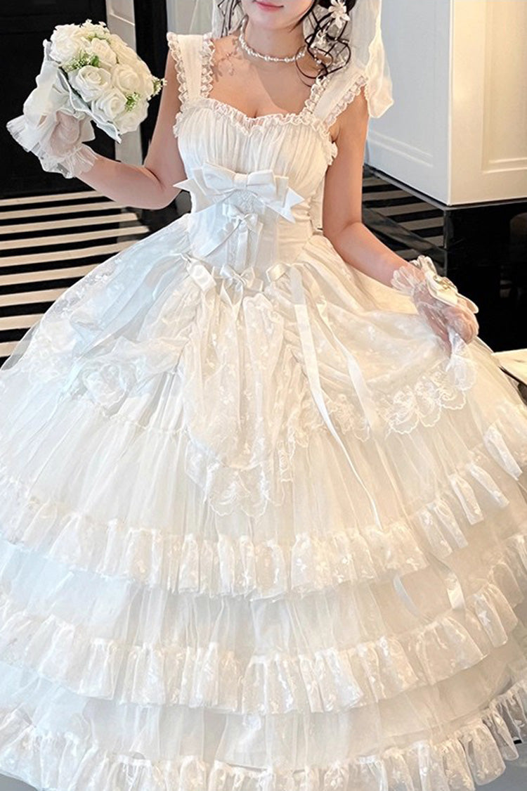 White Maiden Lace Off Shoulder Triple-Layered Ruffle Hanayome Bowknot Lace Sweet Lolita Jsk Dress