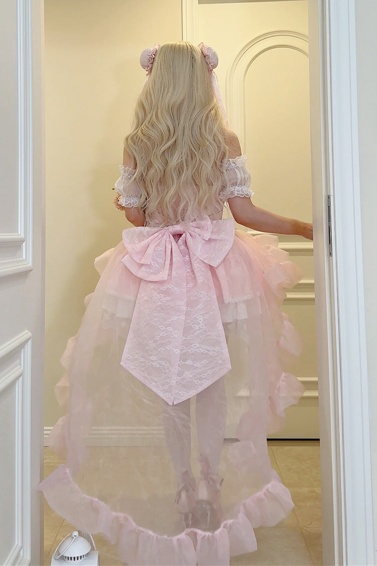 Pink Rain and Flowers Halterneck Jacquard Ruffle Bowknot Lace Sweet Lolita Jsk Dress