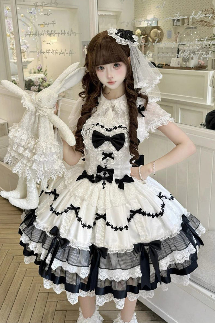 Black/White Scarlet Heart Cocoa Sleeveless Triple-Layered Ruffle Embroidery Bowknot Lace Sweet Lolita Jsk Dress