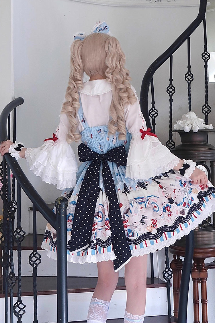Blue Mystery Rabbit Tea Party Sleeveless Print Ruffle Bowknot Lace Sweet Lolita Jsk Dress